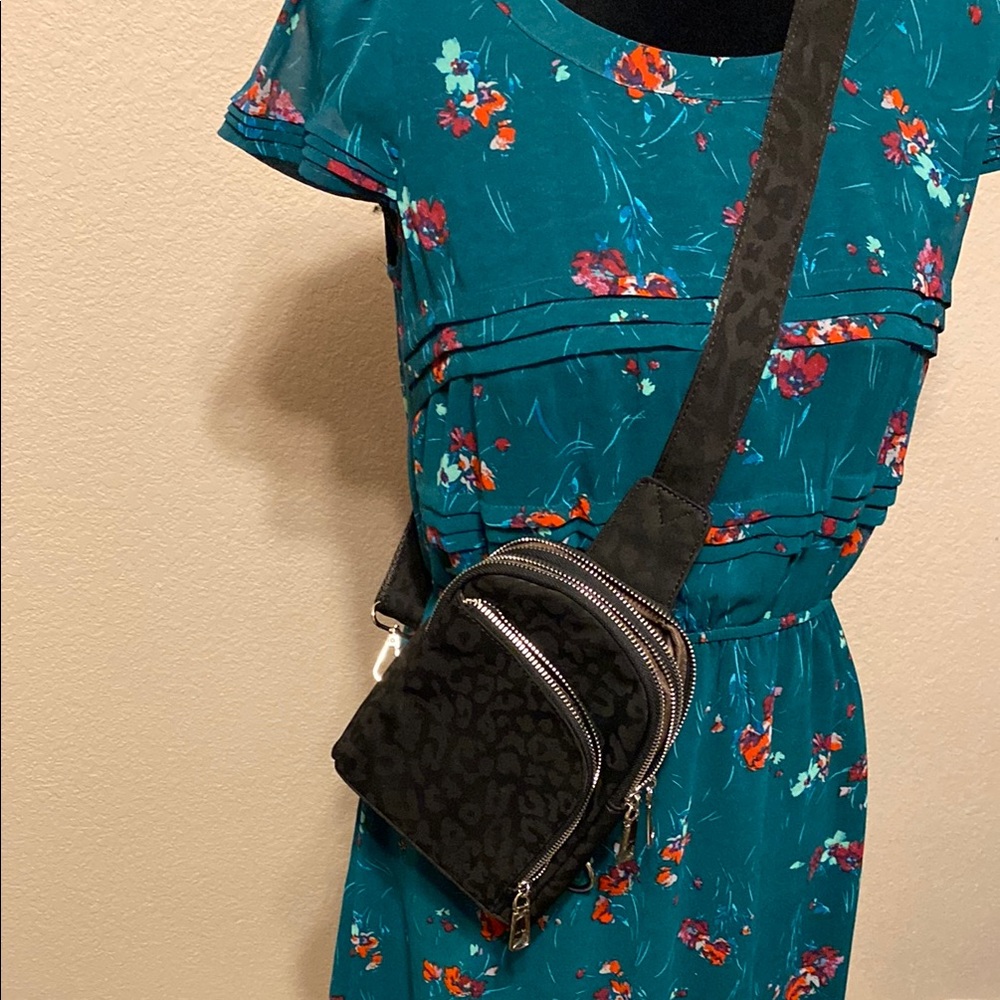 Compact Black Crossbody Bag with Leopard Print NWOT